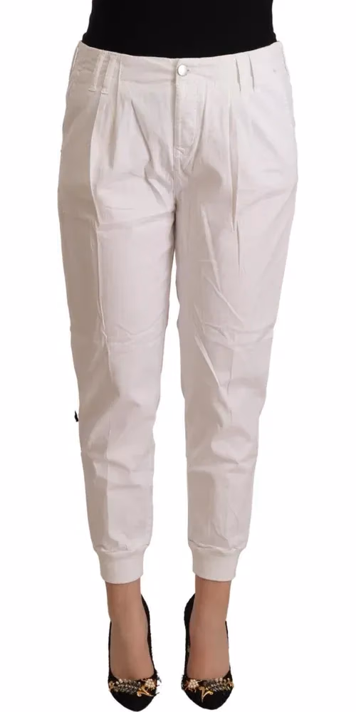 Met White Cotton Mid Waist Tapered Cropped Pants