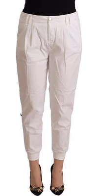 White Cotton Mid Waist Tapered Cropped Pants