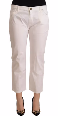 White Cotton Mid Waist Cropped Denim Jeans