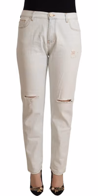 White Cotton Distressed Mid Waist Skinny Denim Jeans