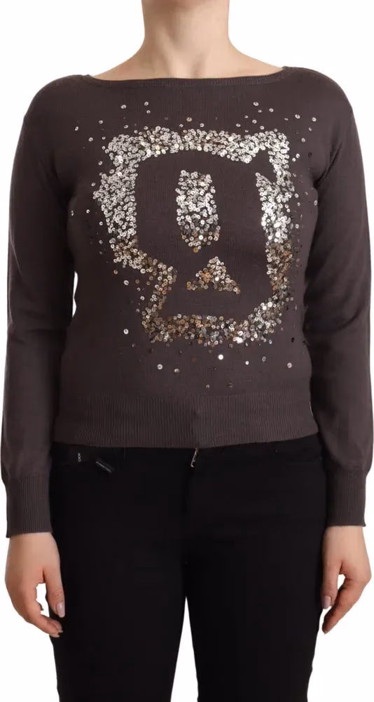John Galliano Brown Wool Sequined Long Sleeves Pullover Sweater