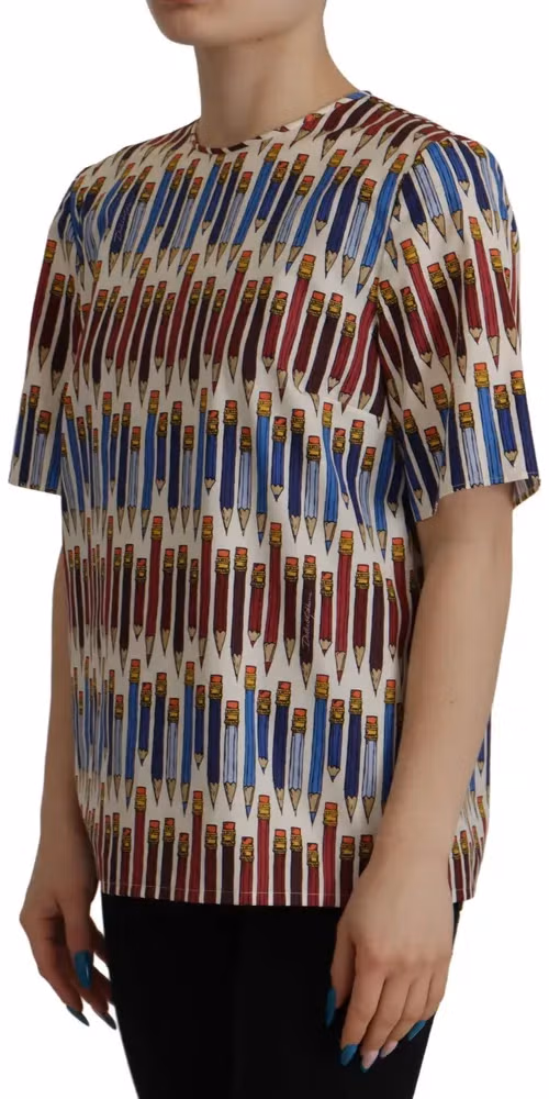 Dolce & Gabbana White Pencil Print Cotton T-shirt Blouse
