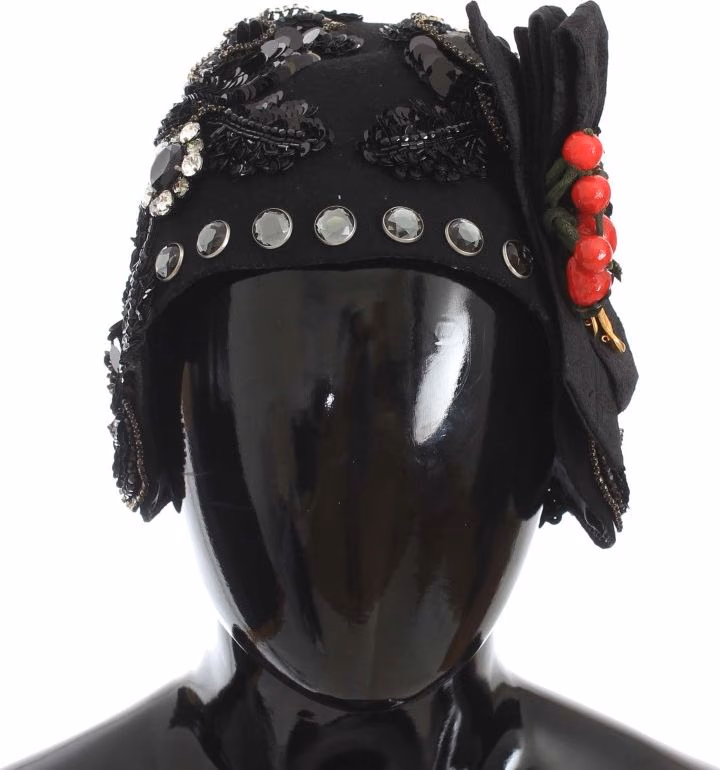 Dolce & Gabbana Black Crystal Gold Cherries Brooch Hat