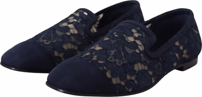 Blue Floral Lace Slip Ons Loafers Flats Shoes