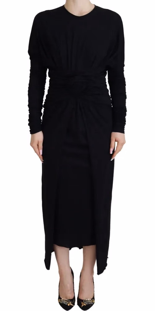 Dolce & Gabbana Black Sheath Midi Gown Wool Wrap Dress