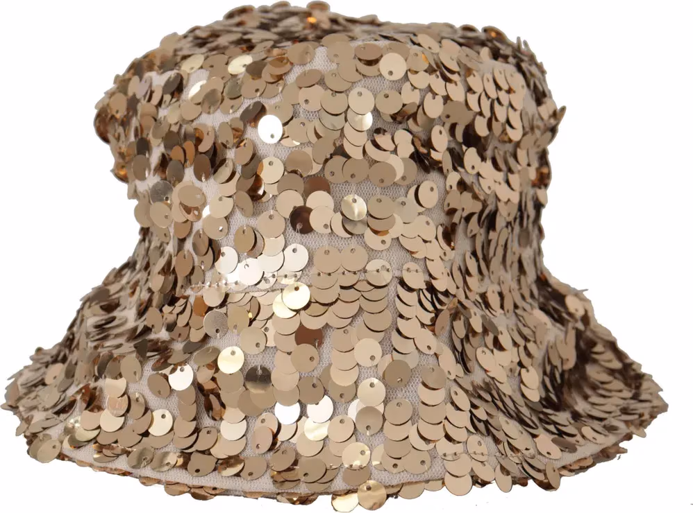 Dolce & Gabbana Gold Silk Sequin Embellished Designer Brim Bucket Hat