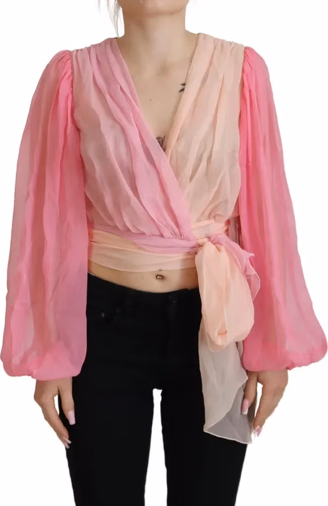Dolce & Gabbana Pink Silk Wrap Long Sleeves Blouse Top