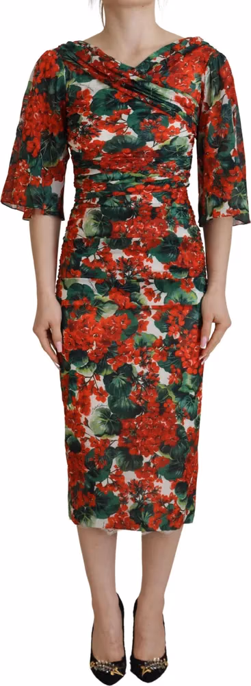 Dolce & Gabbana Multicolor Geranium Silk Sheath Midi Dress