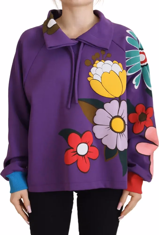 Dolce & Gabbana Purple Floral Print Pullover  Cotton Sweater