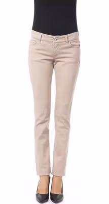 Beige Cotton Women Pant with Back Pocket Chain