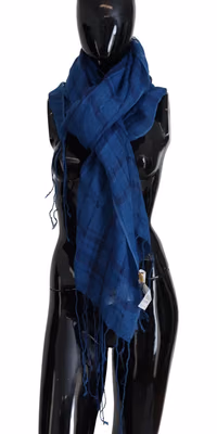 Blue Linen Shawl Foulard Fringes Scarf