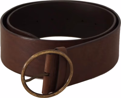 Brown Leather Wide Waist Logo Metal Round Buckle Belt