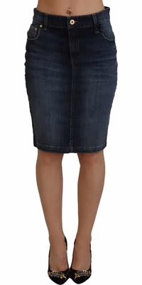Dark Blue Washed Mid Waist Pencil Cut Denim Skirt