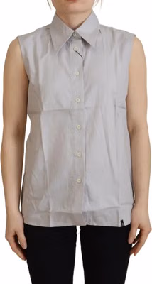 Light Gray Stripes Cotton Sleeveless Collared Top