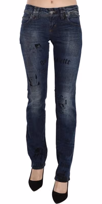 Blue Newspaper Print Low Waist Skinny Denim Pants