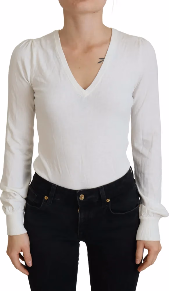 Patrizia Pepe Ivory V-Neck Long Sleeves Women Blouse Top