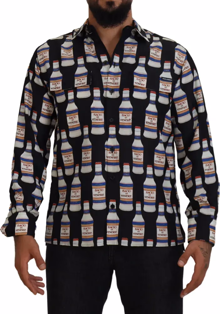 Dolce & Gabbana Black Silk Printed Collared Men Casual Shirt