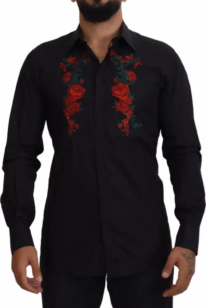 Dolce & Gabbana Black Floral Embroidery Men Long Sleeves GOLD Shirt