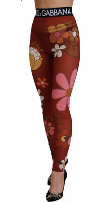 Red Floral Leggings Stretch Waist Pants