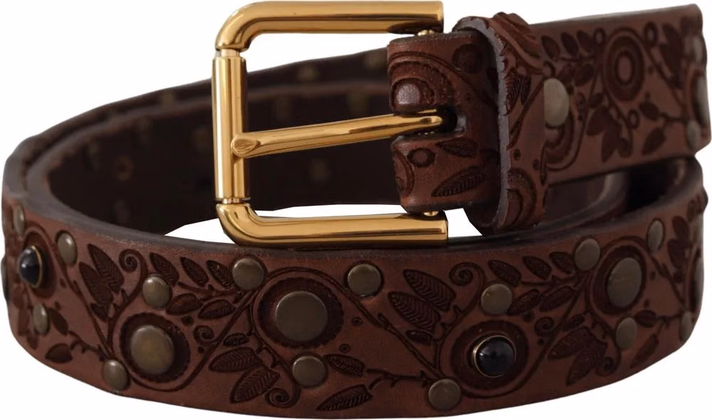 Dolce & Gabbana Brown Calf Leather Embossed Gold Metal Buckle