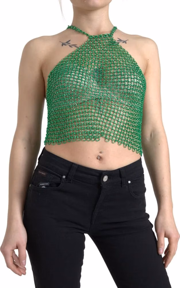 Dolce & Gabbana Green Aluminum Sleeveless Halter Cropped Tank Top