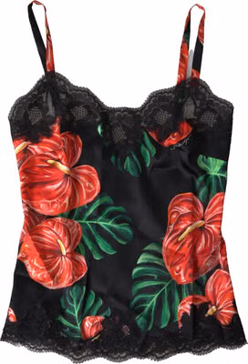 Black Anthurium Print Silk Camisole Top Underwear