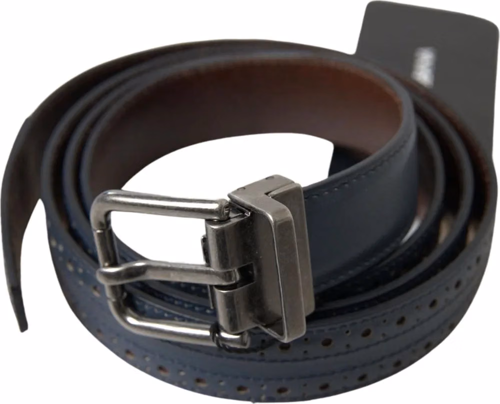 Dolce & Gabbana Blue Leather Perforated Metal Buckle Belt