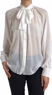 White Silk Sheer Tied Neck Polka Dots Blouse