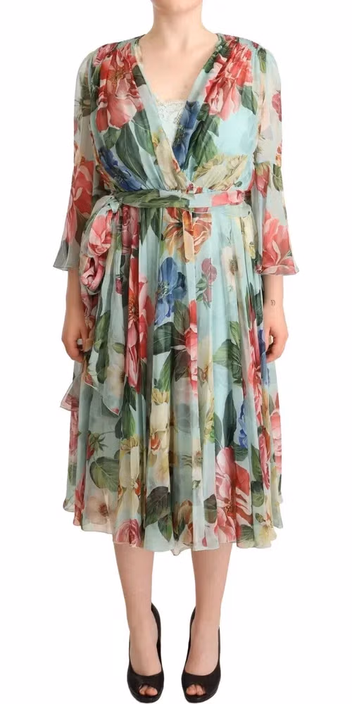 Dolce & Gabbana Multicolor Green Floral Silk Wrap Midi Dress