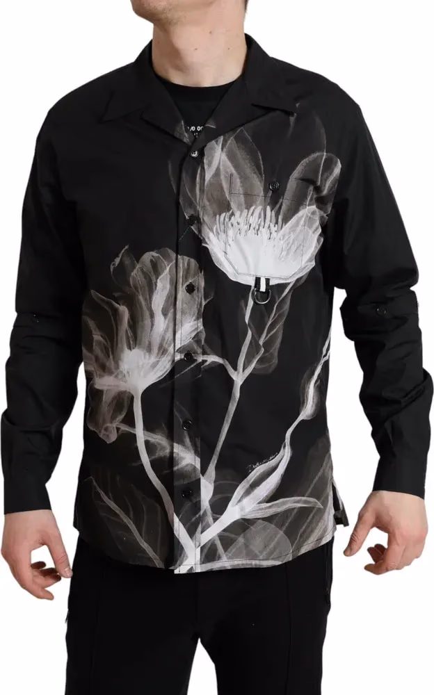 Dolce & Gabbana Black Floral Cotton Collared Long Sleeves Men Shirt