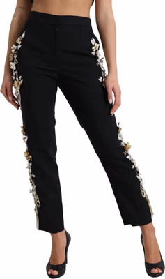 Black Floral Applique High Waist Tapered Pants