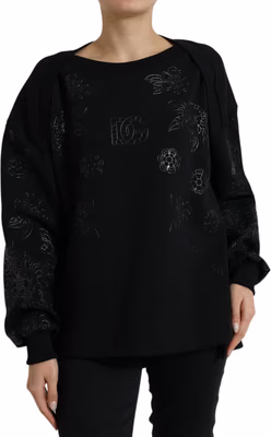 Black Pullover Floral Logo Applique Sweater