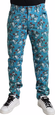 Blue Floral Print Skinny Cotton Denim Pants