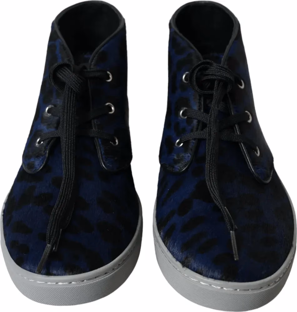 Dolce & Gabbana Blue Calfskin Leopard Mid Top Sneakers Shoes
