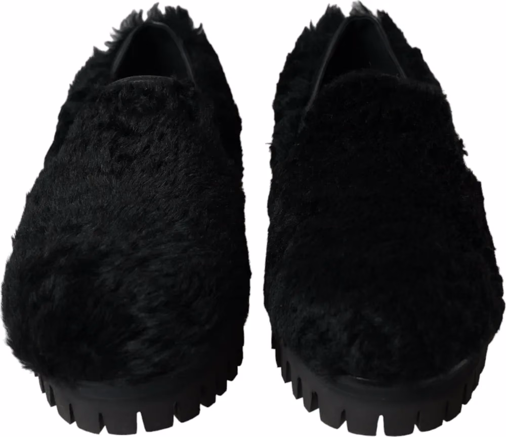 Dolce & Gabbana Black Fur Leather Slippers Dress Shoes
