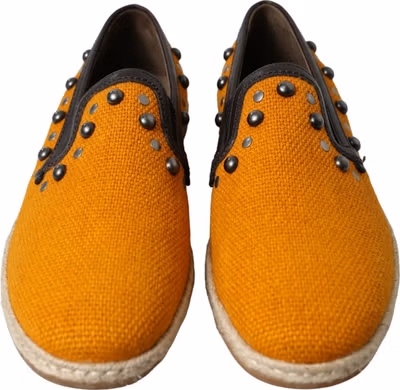 Orange Linen Leather Studded Loafers Shoes