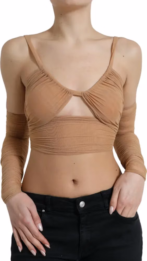Dolce & Gabbana Brown Nylon Stretch Open Shoulder Cropped Top