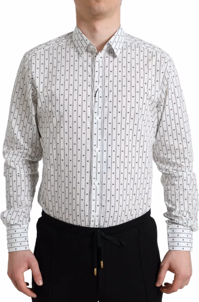 Dolce & Gabbana White Patterned Men GOLD Formal Dress Shirt
