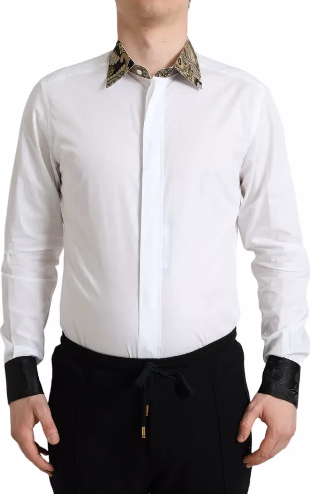 Dolce & Gabbana White Cotton Jacquard Formal GOLD Dress Shirt