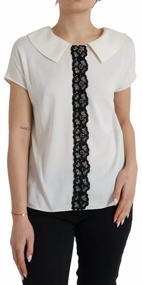 Dolce & Gabbana Off White Silk Lace Trim Short Sleeves Top