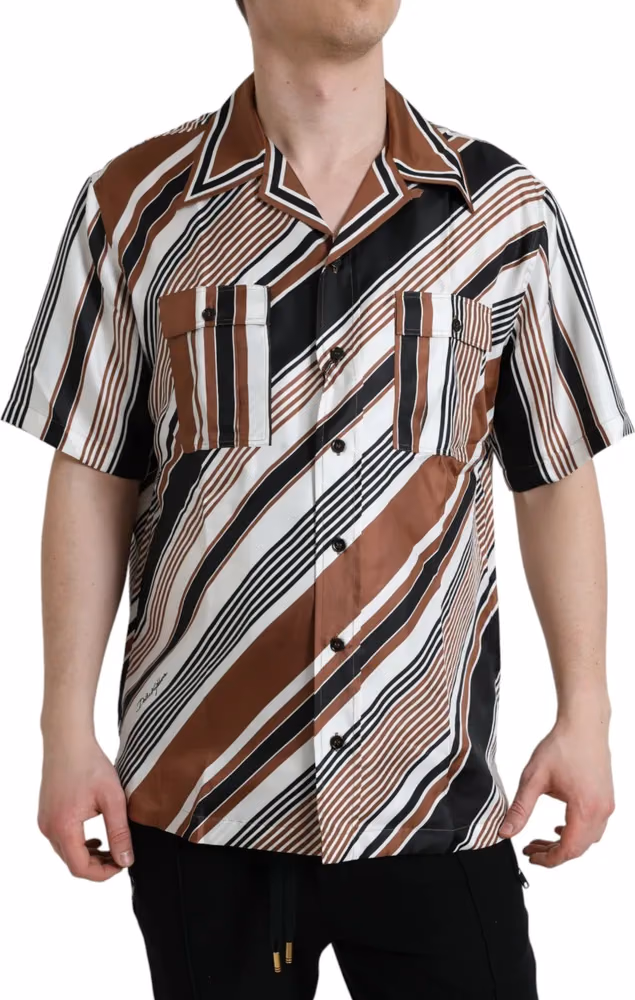 Dolce & Gabbana Brown White Silk Striped Short Sleeve Shirt