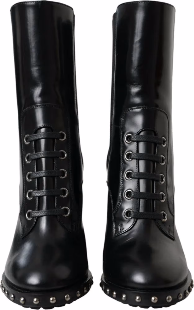 Dolce & Gabbana Black Leather Studded Lace Up Boots Shoes