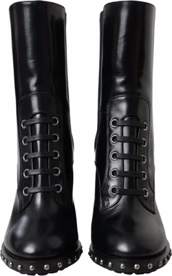 Black Leather Studded Lace Up Boots Shoes
