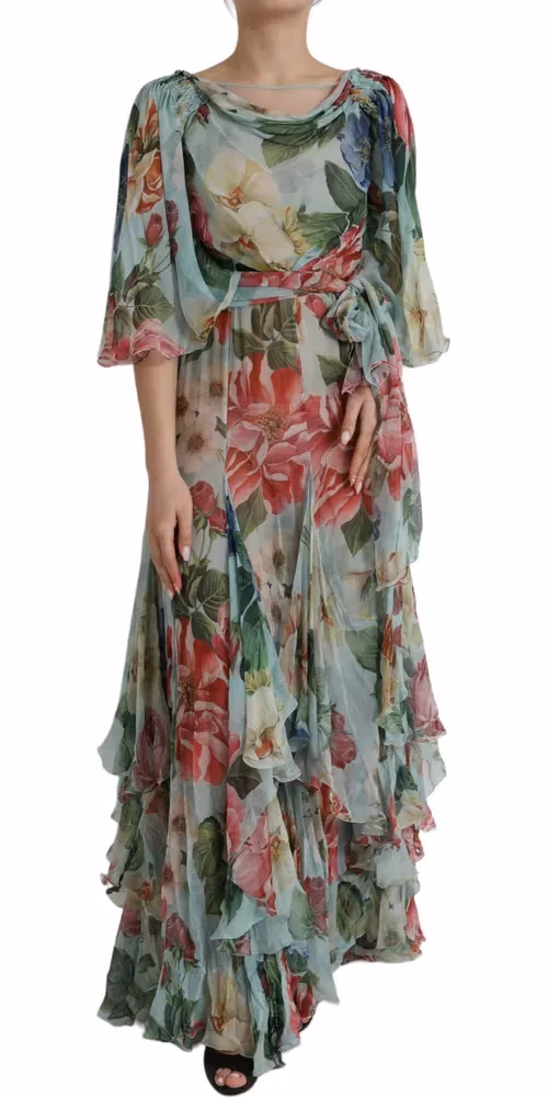 Dolce & Gabbana Blue Floral Print Tiered Long Maxi Dress