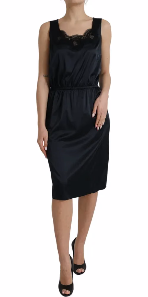 Dolce & Gabbana Black Polyester Lace Trim Sheath Midi Dress