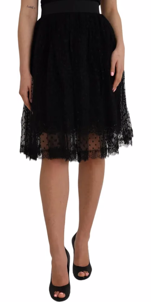 Dolce & Gabbana Black Nylon Lace Trim High Waist A-line Skirt