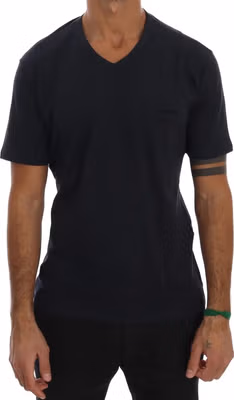 Blue Cotton V-neck T-Shirt