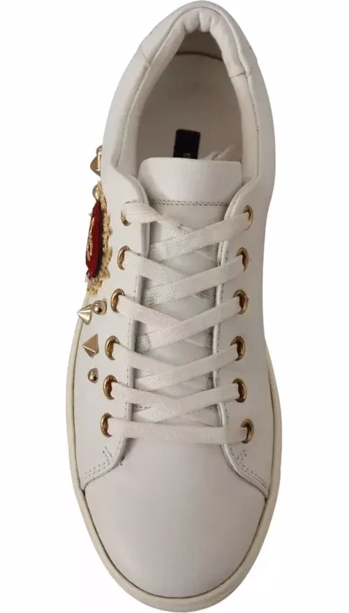Dolce & Gabbana White Leather Gold Red Heart Sneakers Shoes