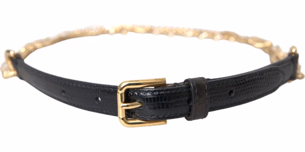 Dolce & Gabbana Black Leather Gold Chain Crystal Waist Women Belt
