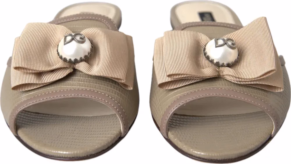 Dolce & Gabbana Beige Logo Pearl Flats Sandals Slides Shoes